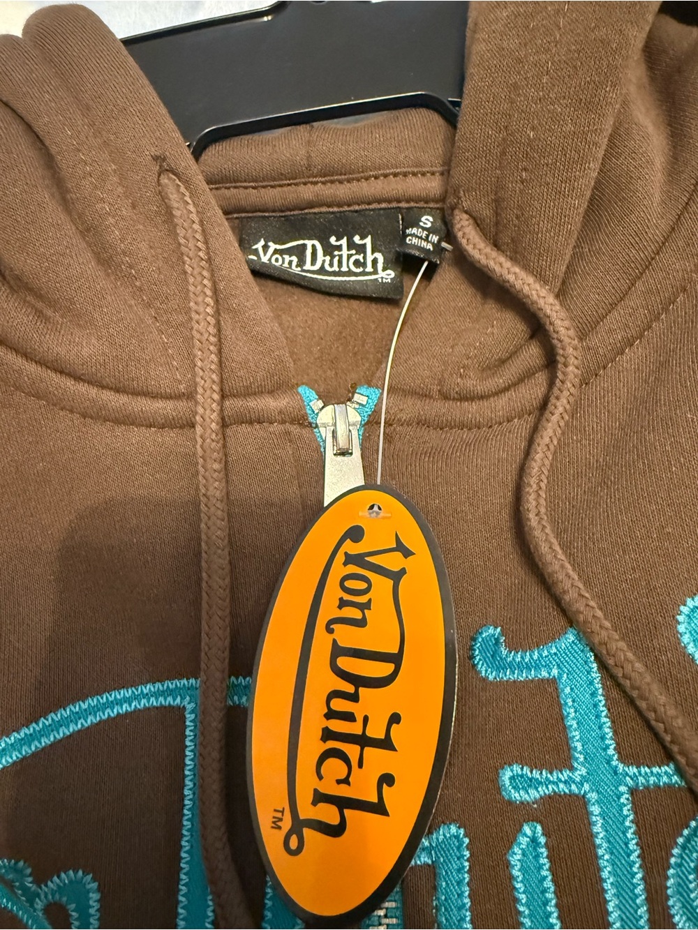Von Dutch Brown Hoodie with Teal Logo and Zipper - Picture 3 of 5